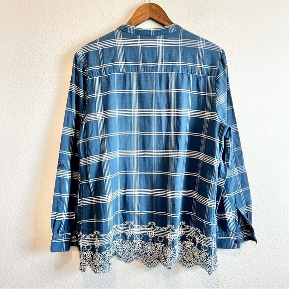 Style & Co Shirt Blue Plaid Long Sleeve Eyelet Embroidered Cotton Blouse Large - Picture 8 of 8